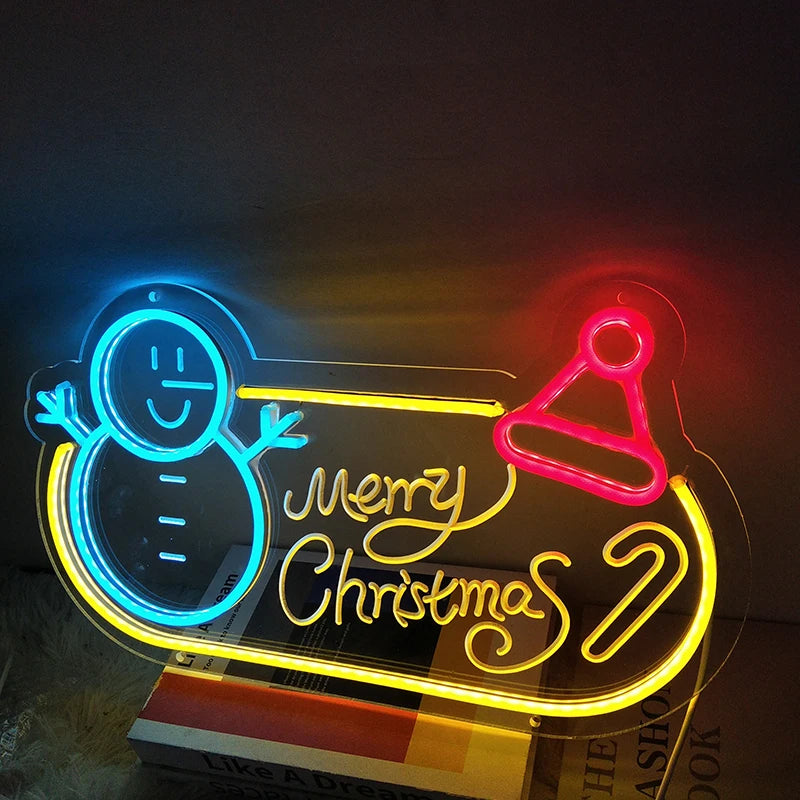 Merry christmas neon ambiance decoration holiday event neon sign, santa claus christmas tree snowman modeling luminous lights