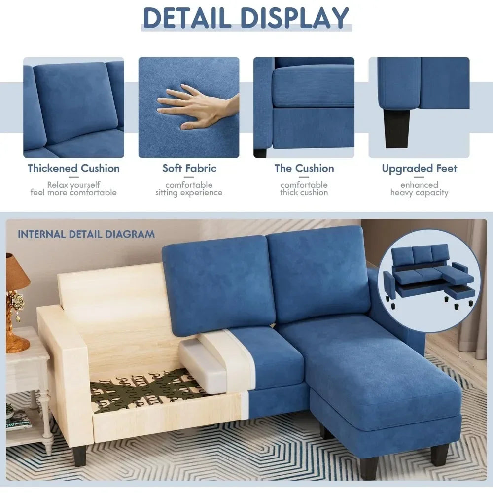 Convertible Sectional 3 L-Shaped Couch Soft Seat with Modern Linen Fabric, Small Space Sofas for Living Room