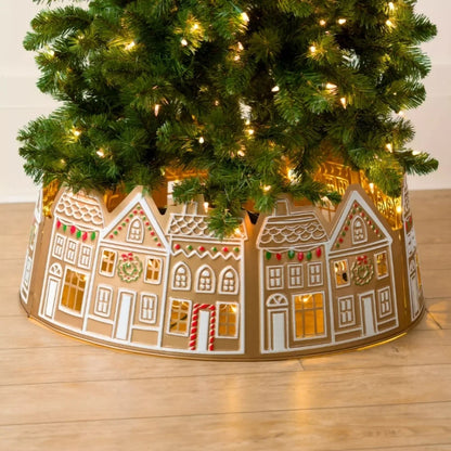 Christmas Tree Collar Gingerbread House Tree Skirt Collar with LED Lights Xmas Tree Base Cover for Holiday Home Decor