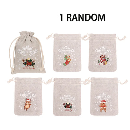 30/1Pcs Christmas Drawstring Bag Santa Claus Snowman Linen Candy Gift Packaging Bags Xmas Favor Bracelet Jewelry Storage Pouch