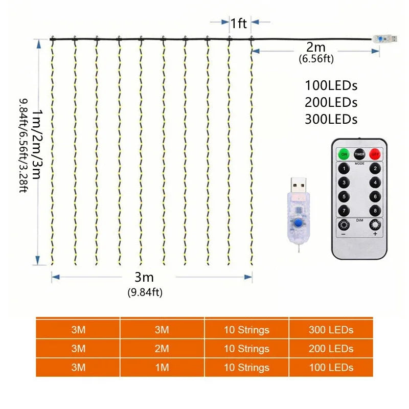 3/6M LED Curtain Garland Fairy String Lights Christmas Holiday Party Wedding Decoration USB Remote 8 Modes Waterfall Lighting