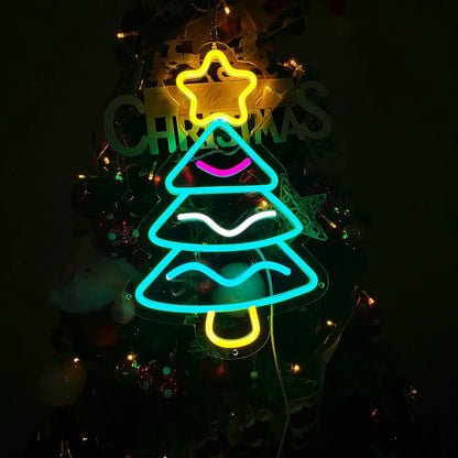 Merry christmas neon ambiance decoration holiday event neon sign, santa claus christmas tree snowman modeling luminous lights
