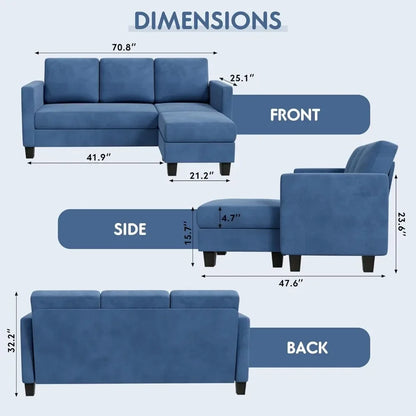 Convertible Sectional 3 L-Shaped Couch Soft Seat with Modern Linen Fabric, Small Space Sofas for Living Room