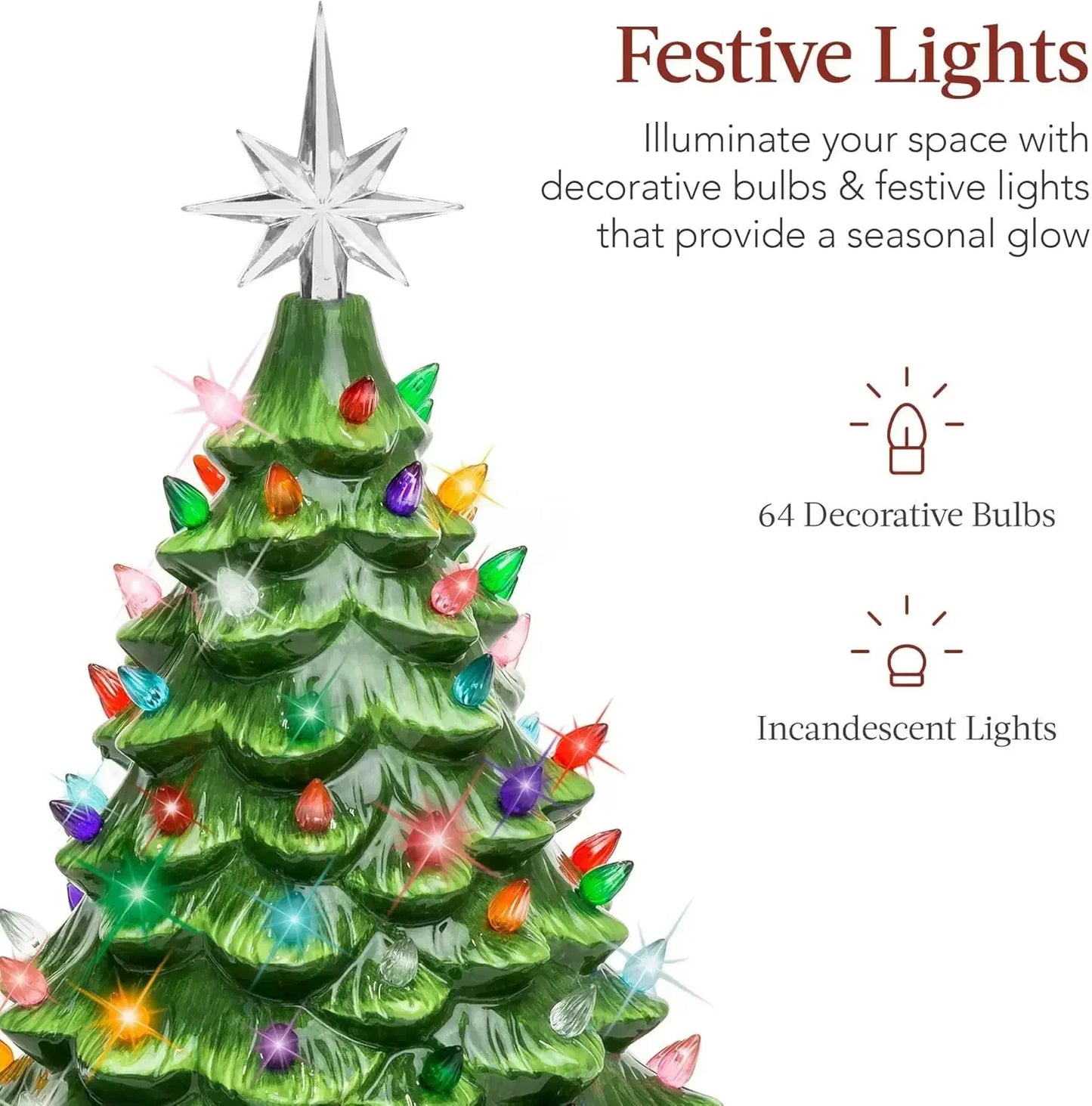 Christmas Tree 15in Ceramic  Pre-lit Hand-Painted Tabletop Holiday Tree, 2 Star Toppers, 64 Lights - Flocked Christmas Trees
