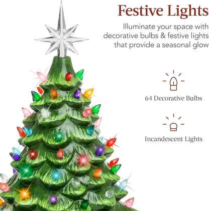 Christmas Tree 15in Ceramic  Pre-lit Hand-Painted Tabletop Holiday Tree, 2 Star Toppers, 64 Lights - Flocked Christmas Trees