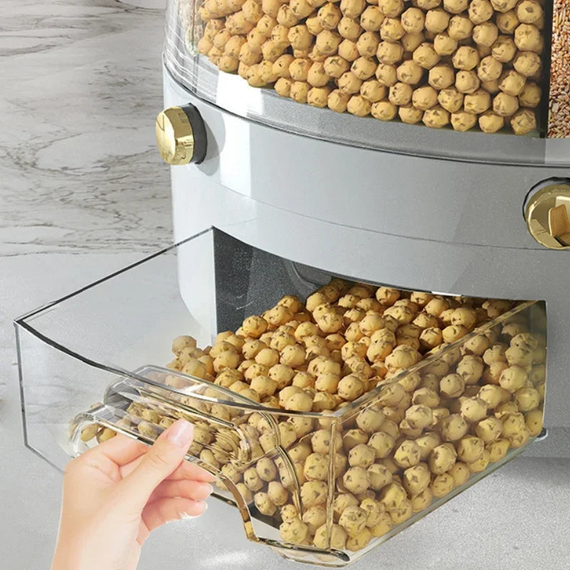 360 Degree Rotating Rice Dispenser Sealed Dry Cereal Grain Bucket Dispenser Moisture-Proof Kitchen Food Container Storage Box