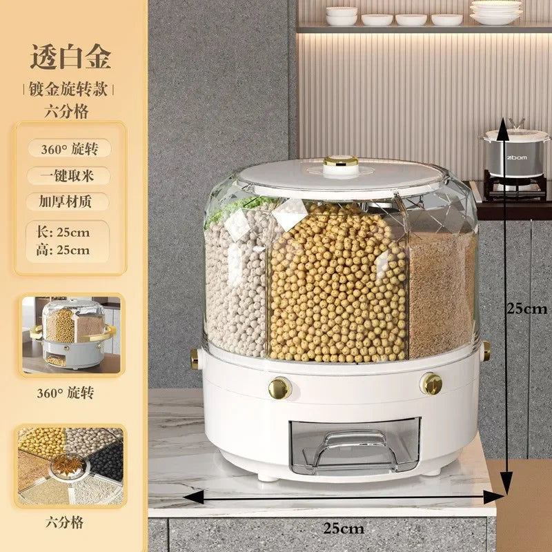 360 Degree Rotating Rice Dispenser Sealed Dry Cereal Grain Bucket Dispenser Moisture-Proof Kitchen Food Container Storage Box
