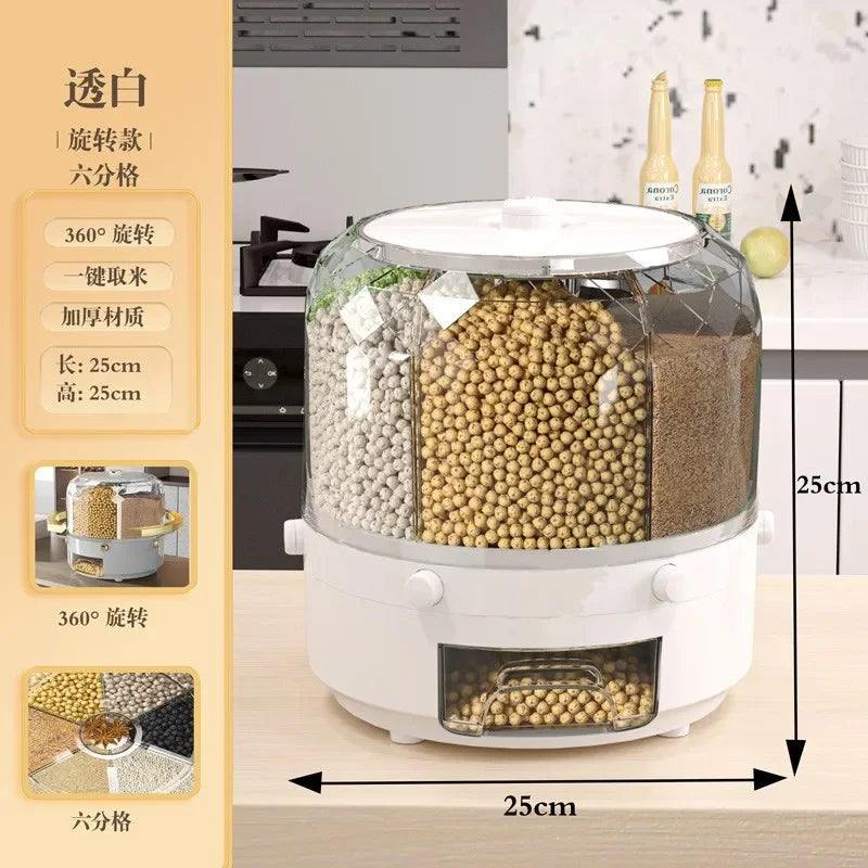 360 Degree Rotating Rice Dispenser Sealed Dry Cereal Grain Bucket Dispenser Moisture-Proof Kitchen Food Container Storage Box