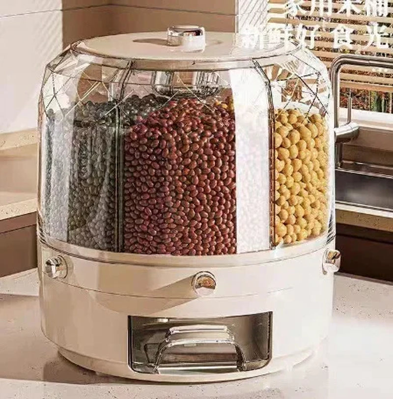 360 Degree Rotating Rice Dispenser Sealed Dry Cereal Grain Bucket Dispenser Moisture-Proof Kitchen Food Container Storage Box