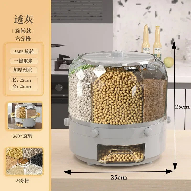360 Degree Rotating Rice Dispenser Sealed Dry Cereal Grain Bucket Dispenser Moisture-Proof Kitchen Food Container Storage Box