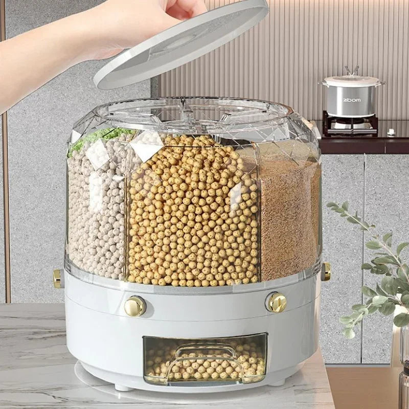 360 Degree Rotating Rice Dispenser Sealed Dry Cereal Grain Bucket Dispenser Moisture-Proof Kitchen Food Container Storage Box